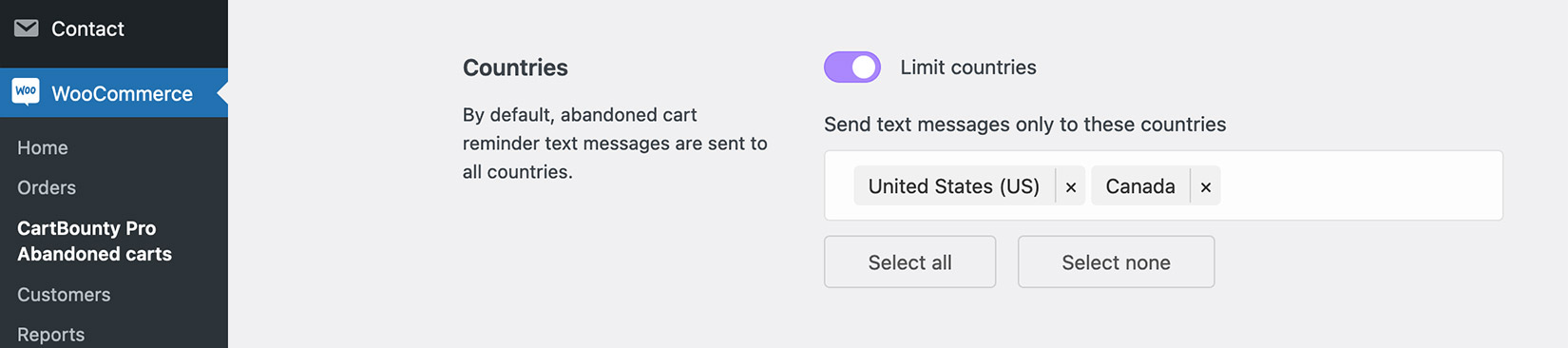 Example above will send reminders only to US and Canada phone numbers