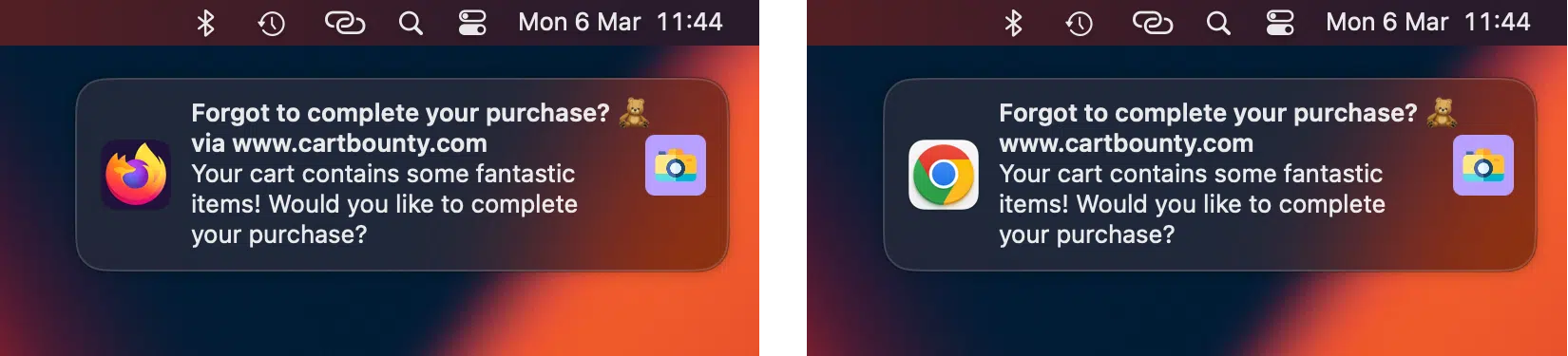 Push notification example on Firefox (left) and Google Chrome (right) in MacOS