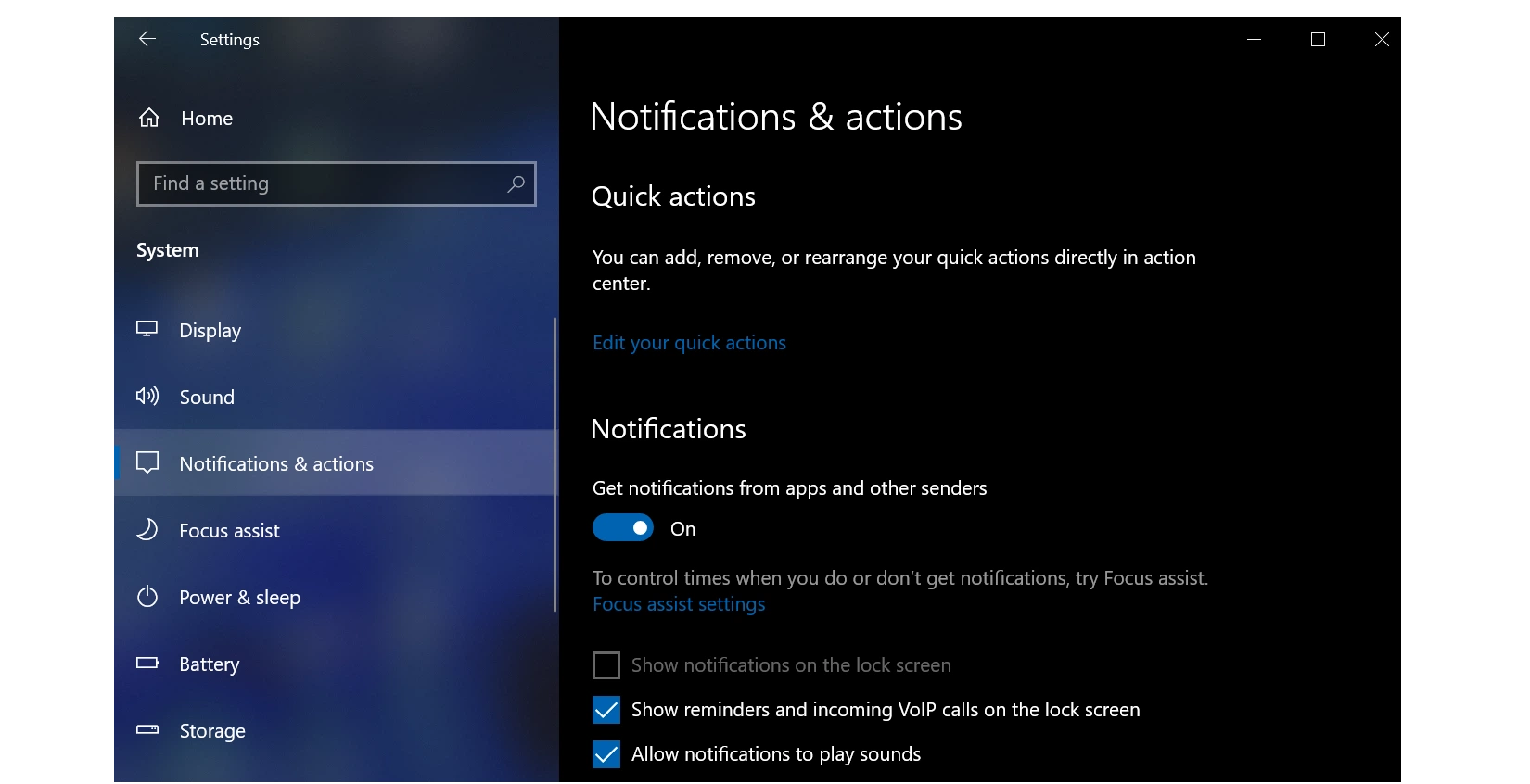 Push notification settings in Windows